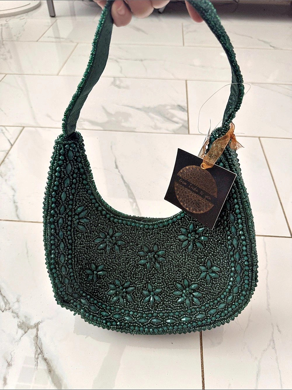 From India To You Hand-Beaded Floral Shoulder Bag Emerald Green